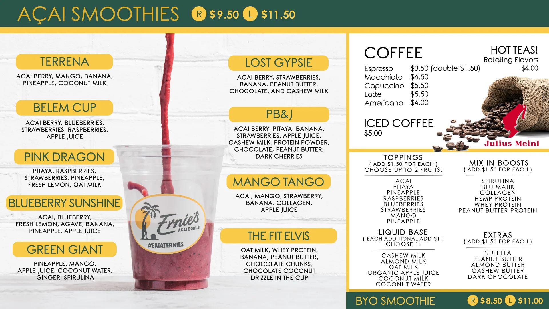 Ernie's Acai Sunset Harbour Menu