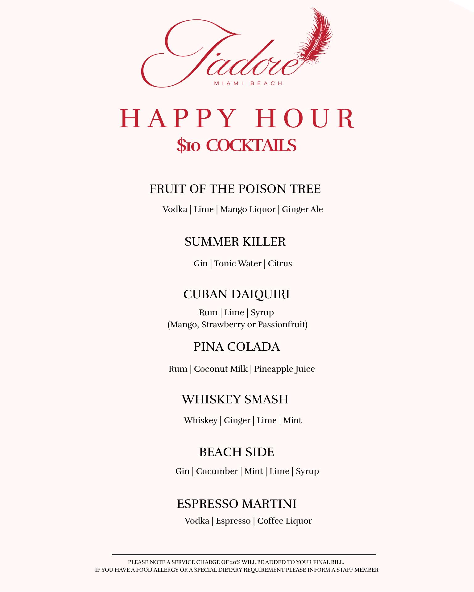 J'Adore Miami Beach Menu