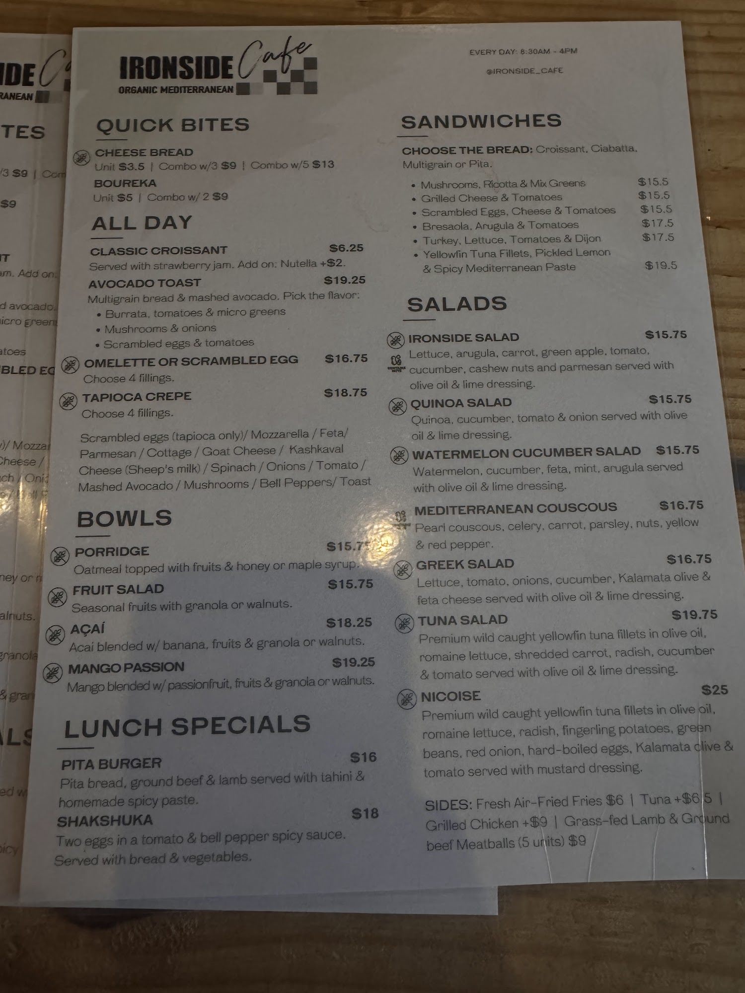 Ironside Cafe Bistro Menu