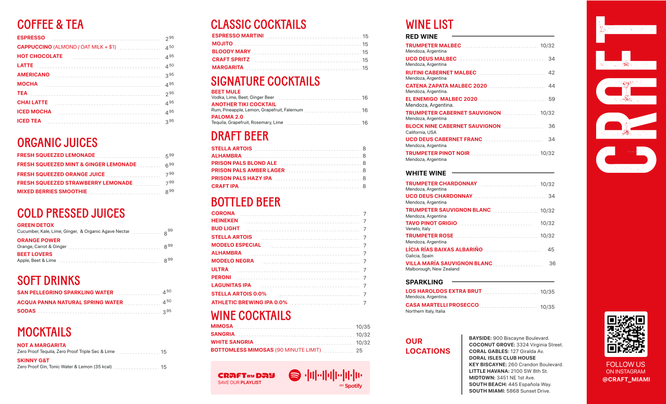 CRAFT Coconut Grove Menu