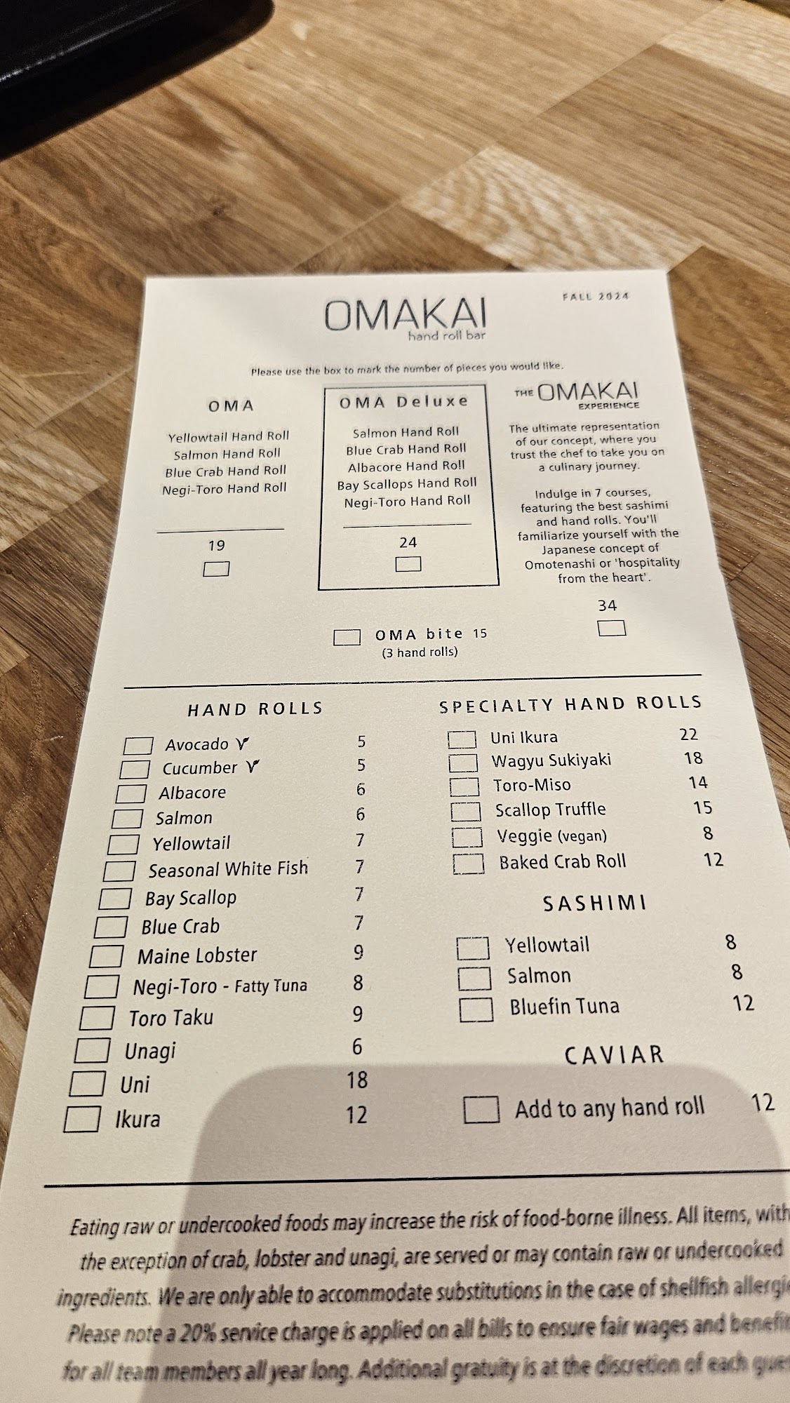 OMAKAI hand roll bar Menu