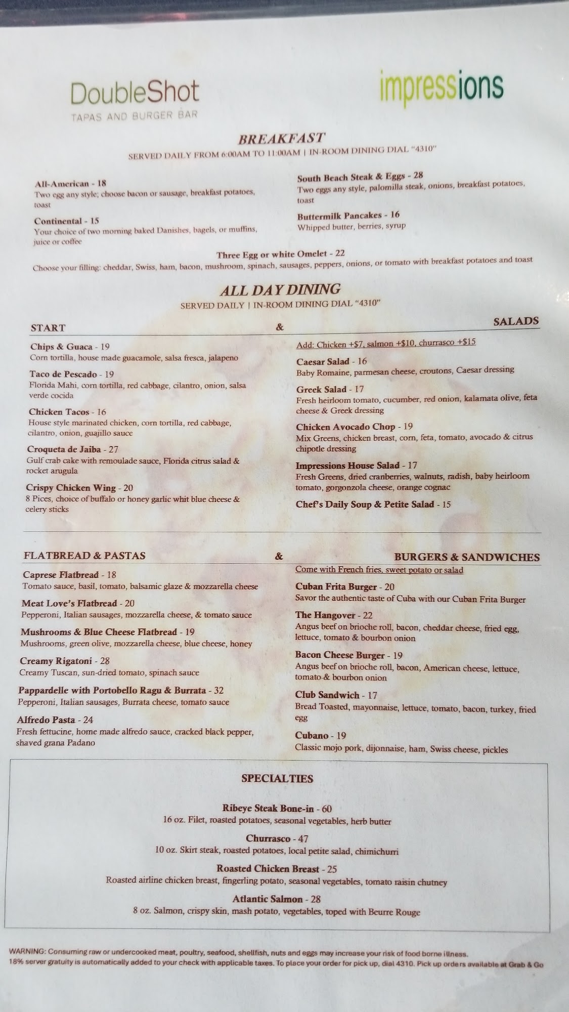 DoubleShot Tapas and Burger Bar Menu