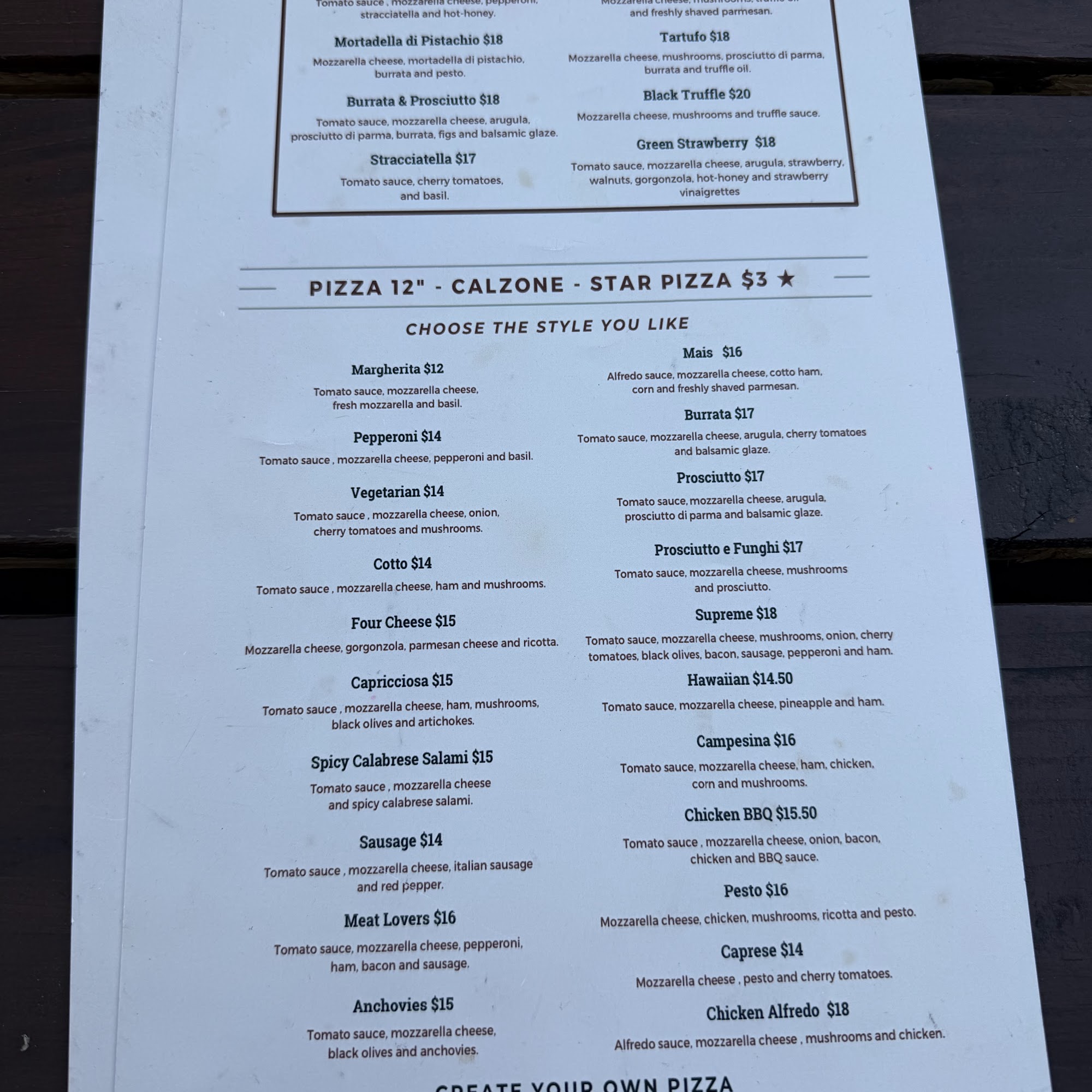 Piacere Wood Fired Pizza Menu