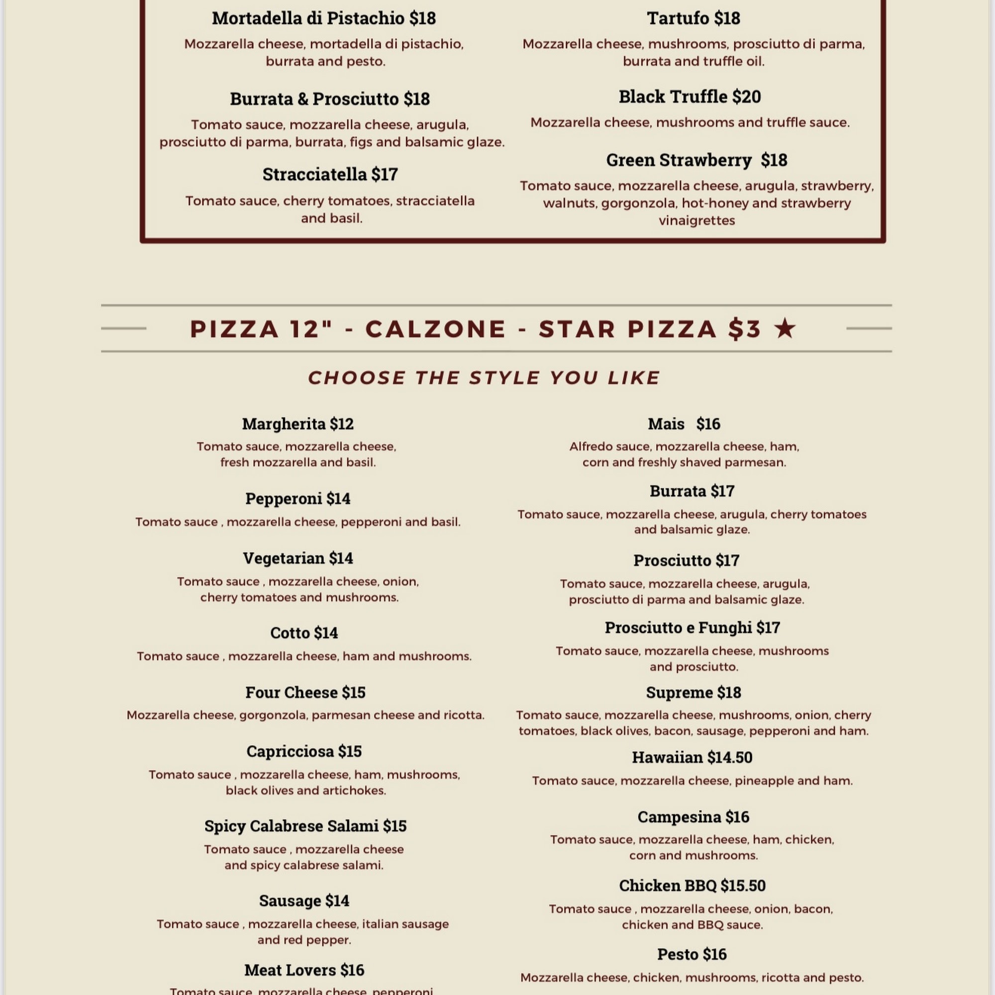 Piacere Wood Fired Pizza Menu