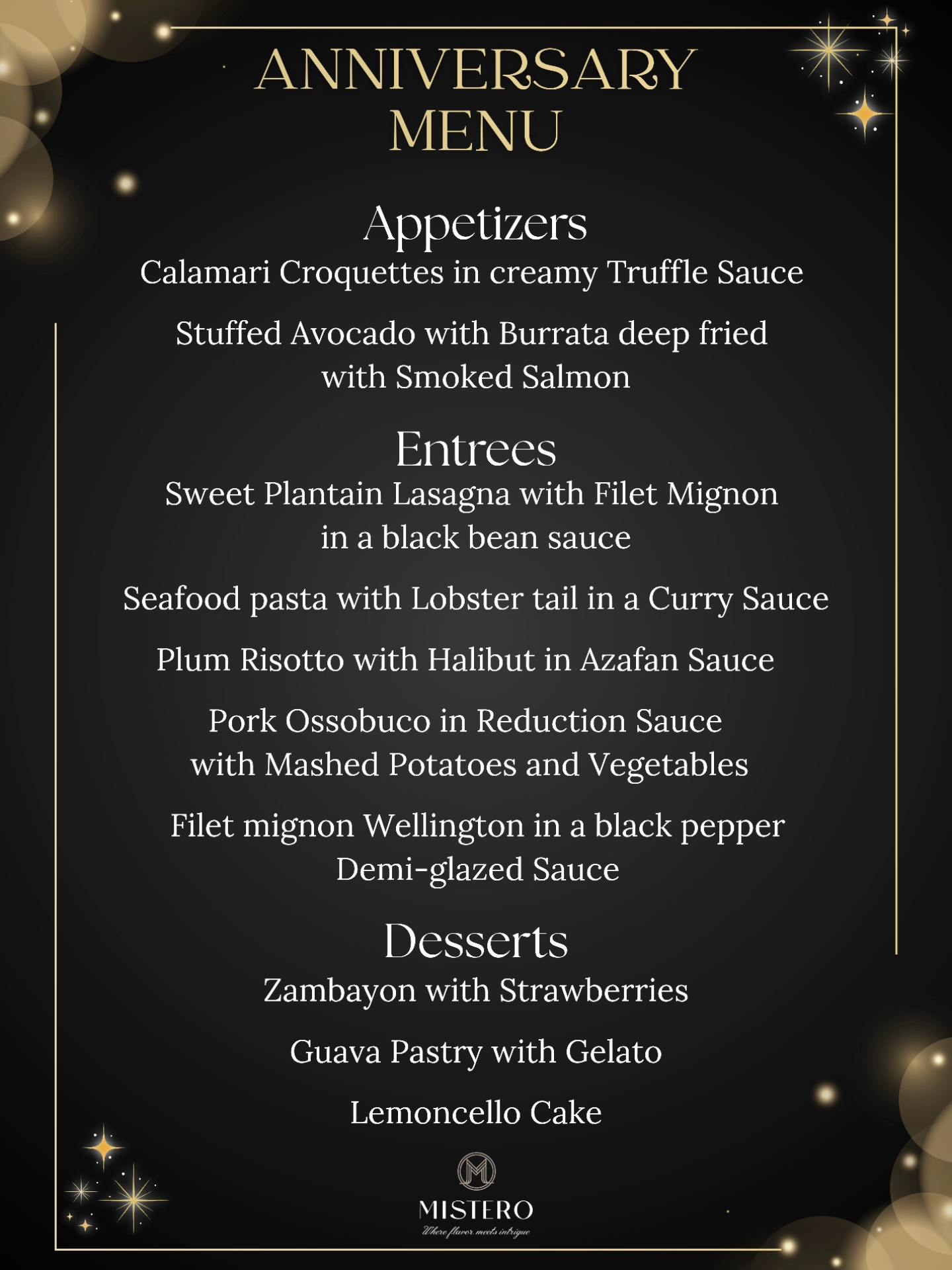 Mistero Restaurant Menu