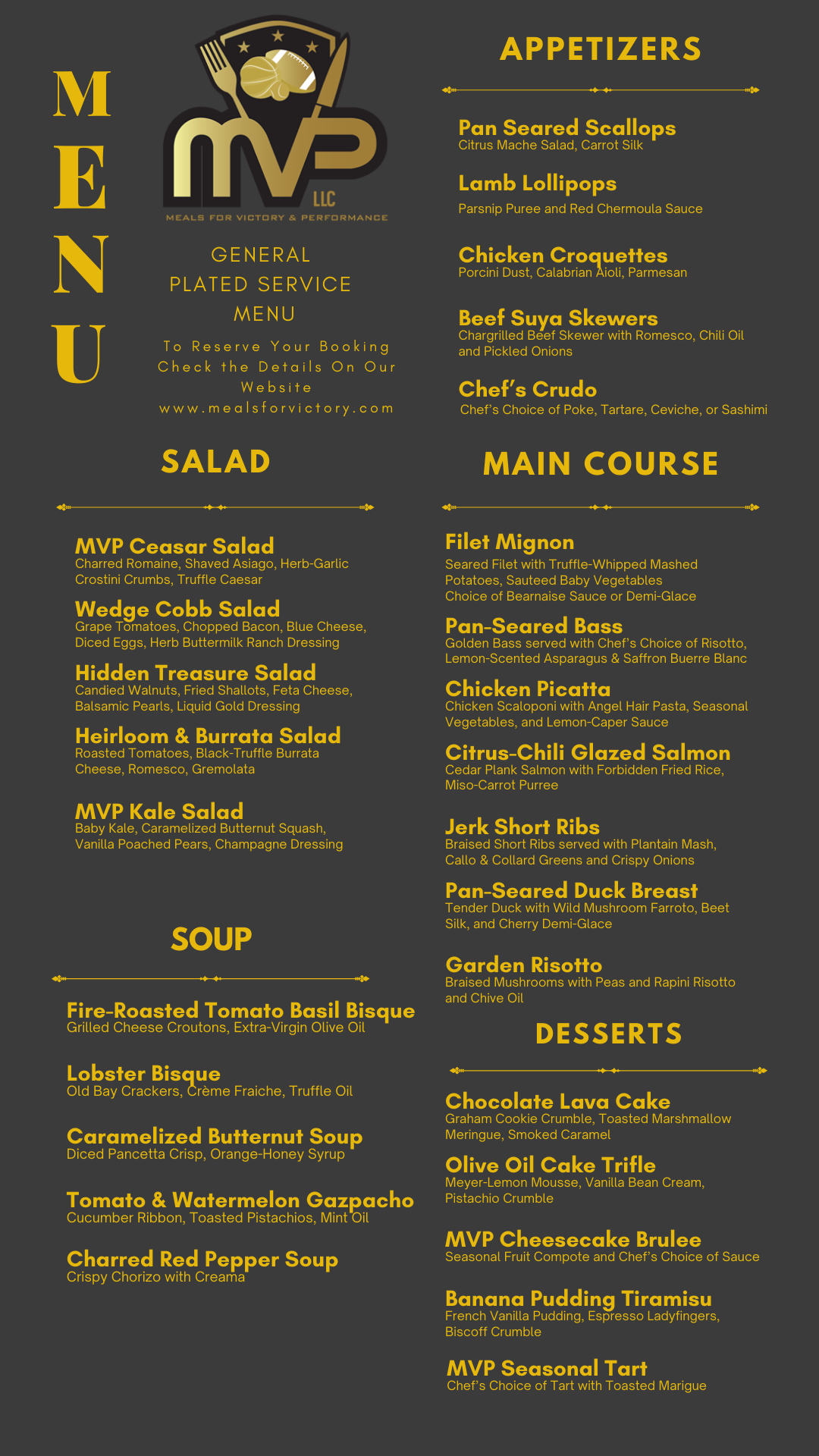 Meals For Victory & Performance Menu