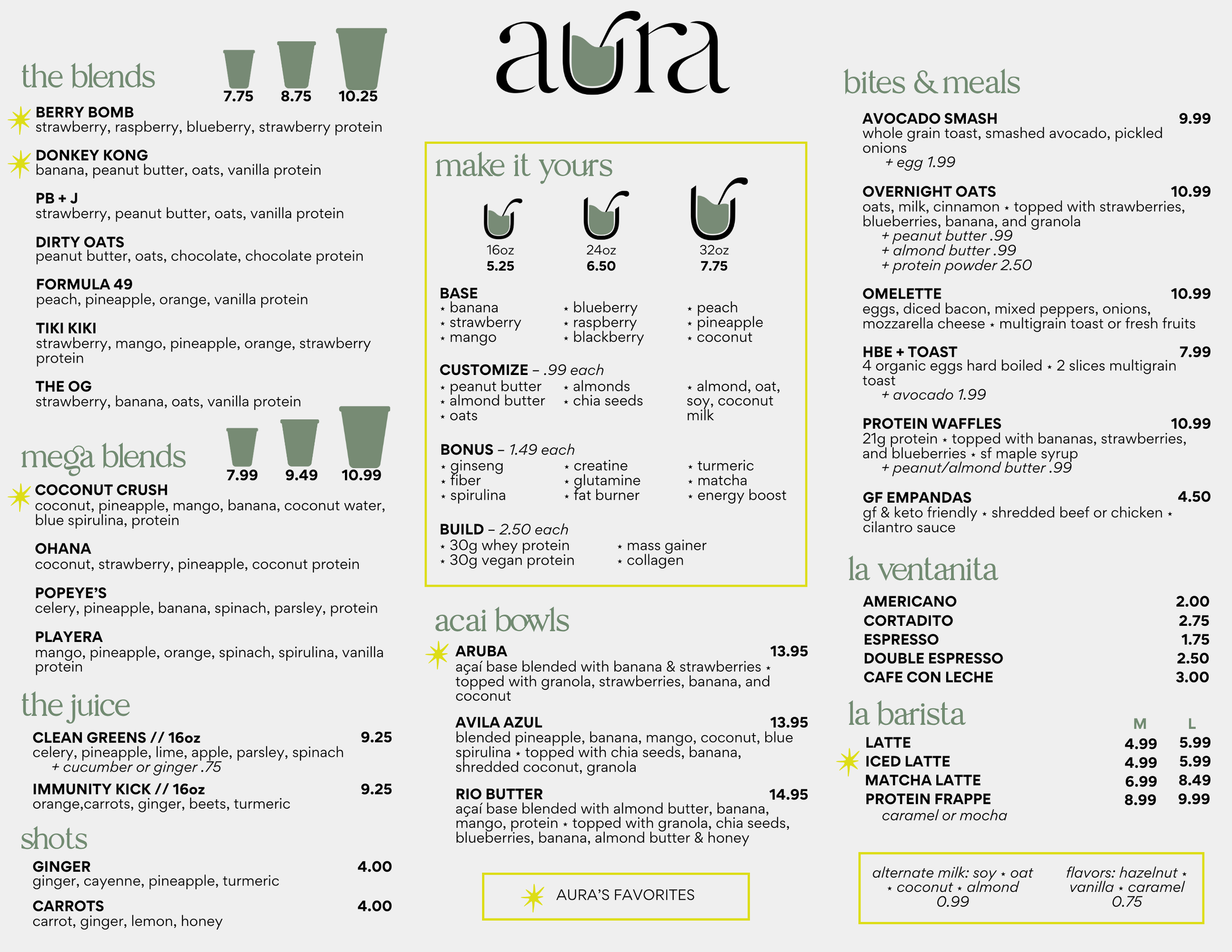 Aura Cafe & Bar Menu