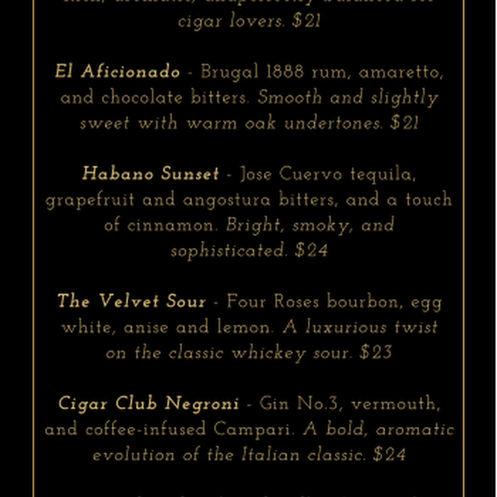 Cigar Club Miami Menu