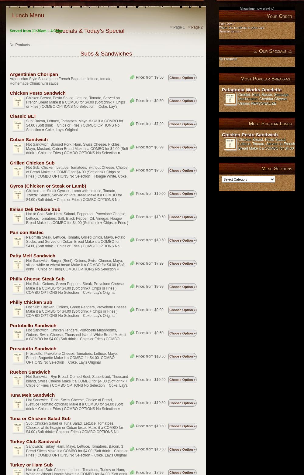 Patagonia Bistro Cafe Menu