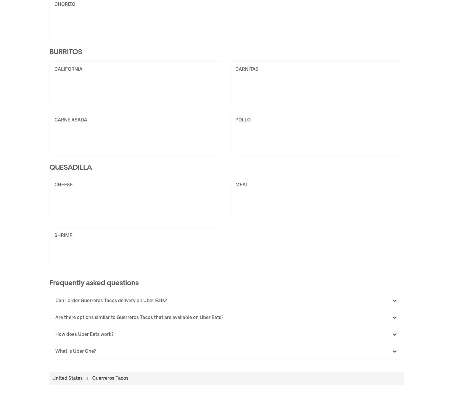 Guerreros Tacos Menu