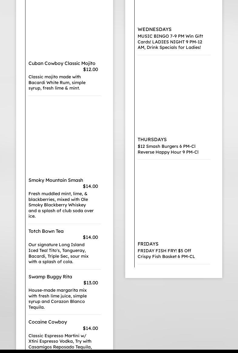 Old Town Saloon Naples Menu