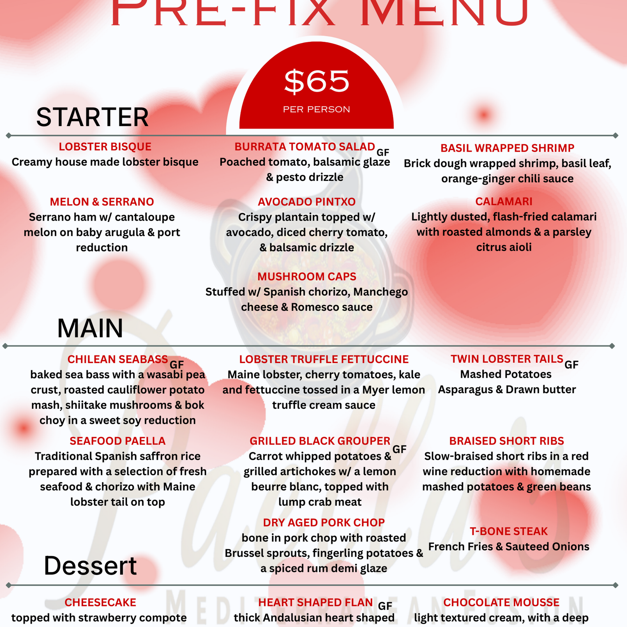Paella's Mediterranean Fusion Menu