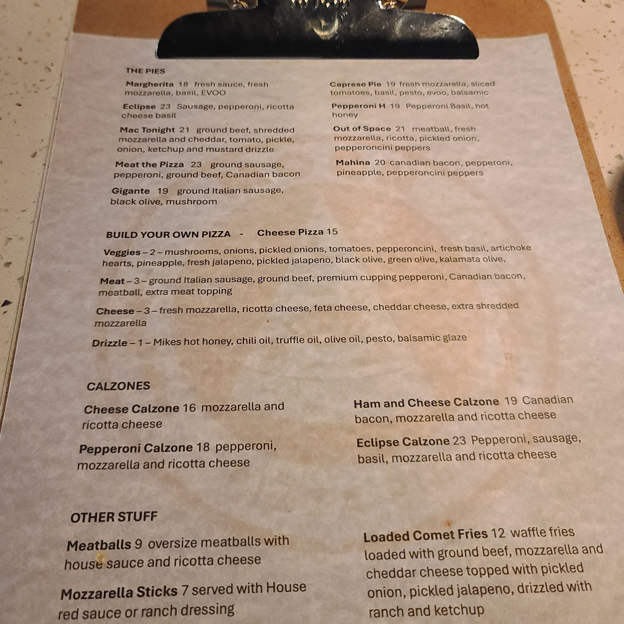 Satellite Pinball Lounge Menu