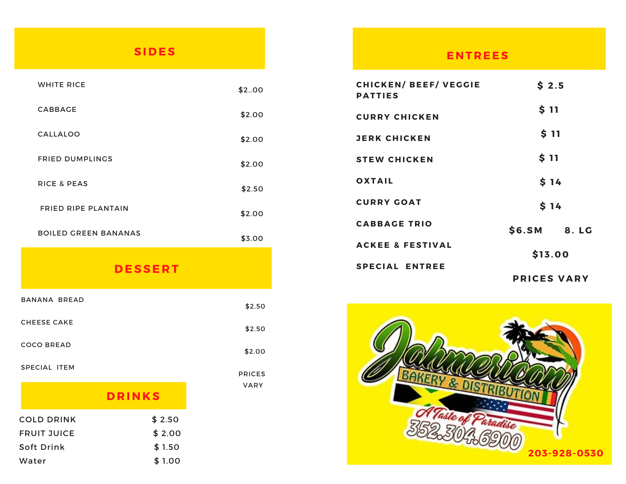 jahmerican Mobile Bakery Menu