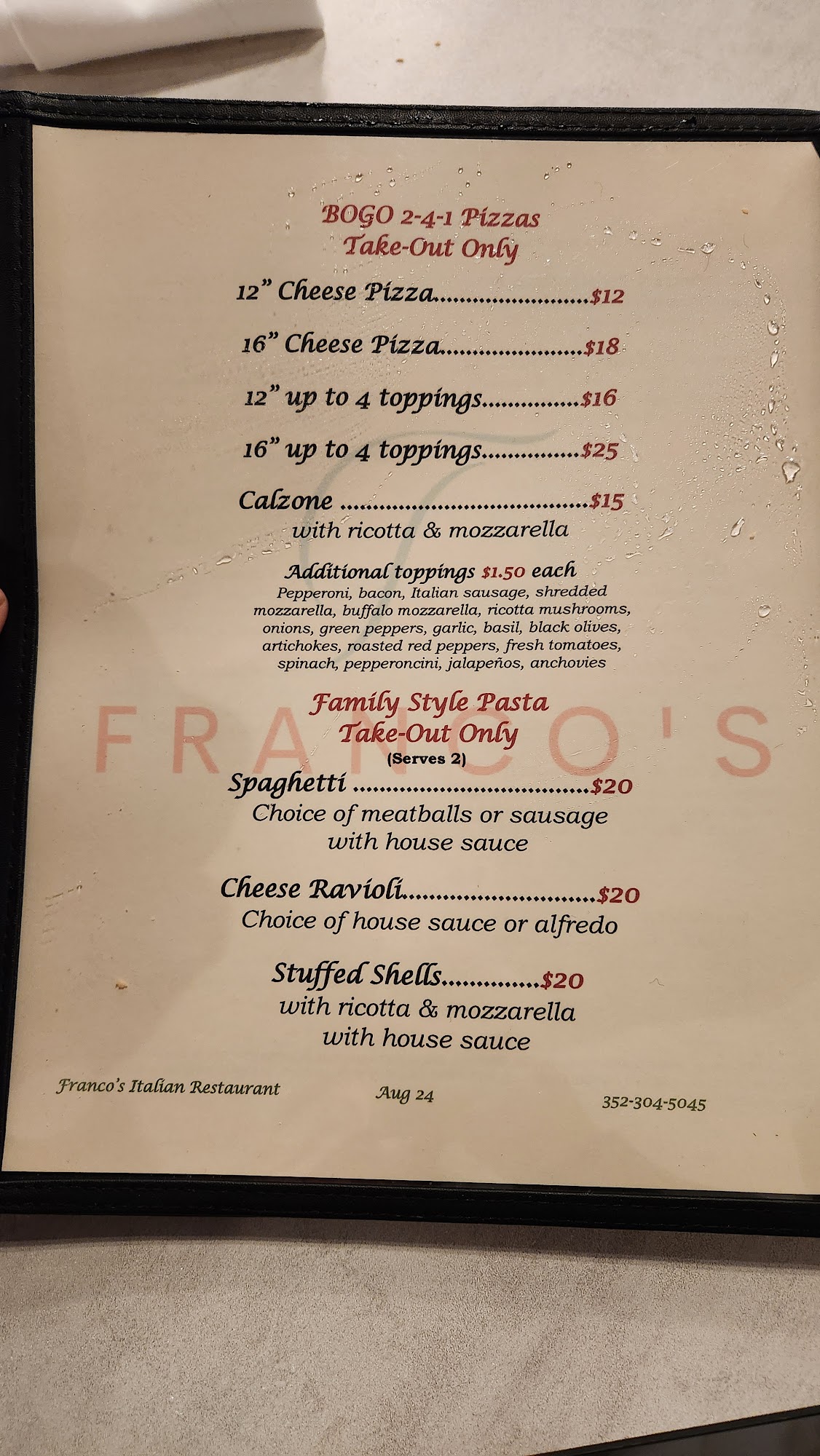Franco's Italian Restaurant Menu