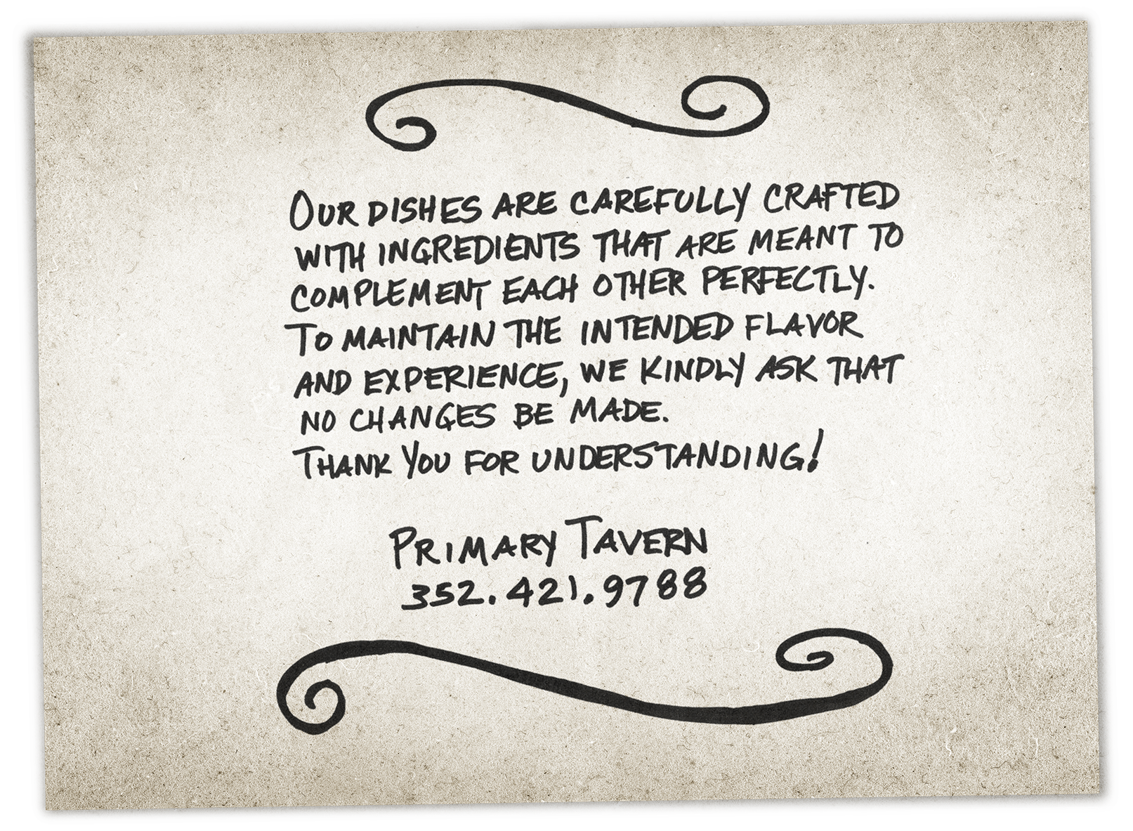 Primary Tavern Restaurant & Bakery Menu