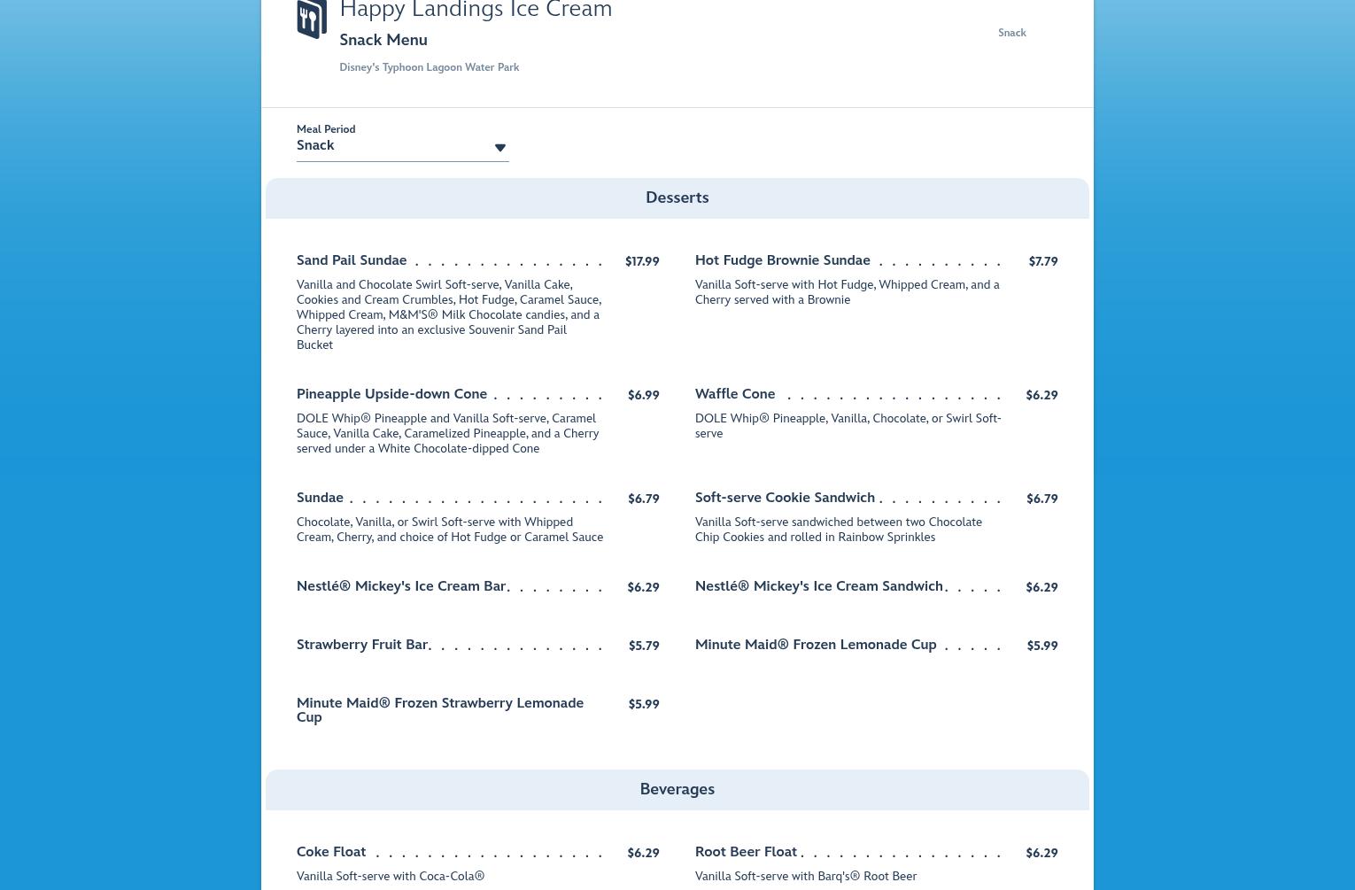 Happy Landings Ice Cream Menu