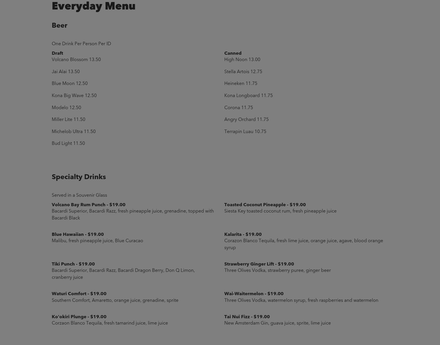 Kunuku Boat Bar Menu