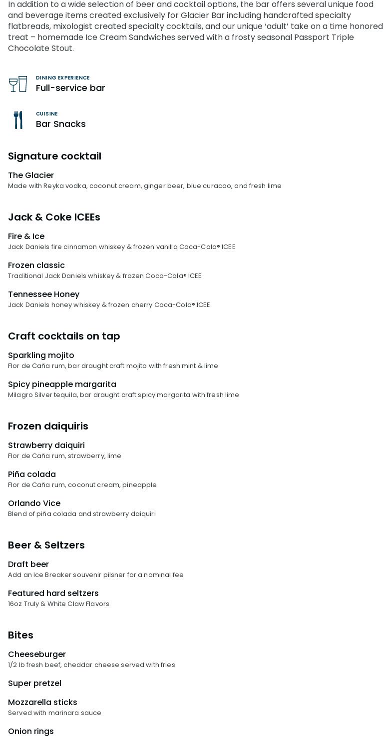 Glacier Bar Menu