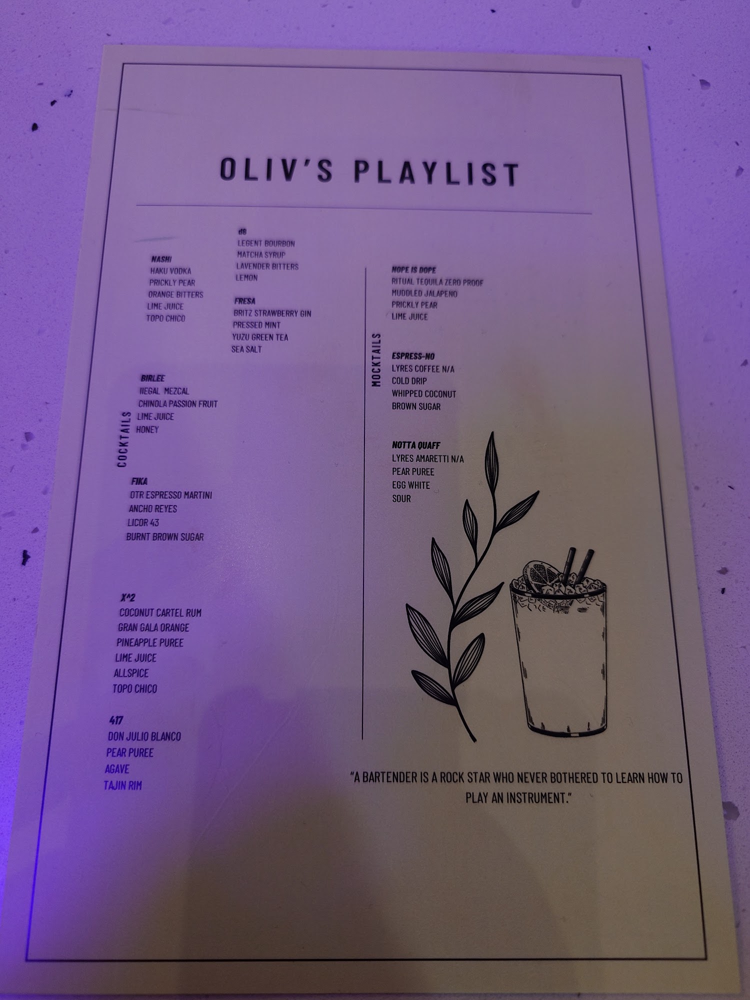 The Oliv Bar Menu