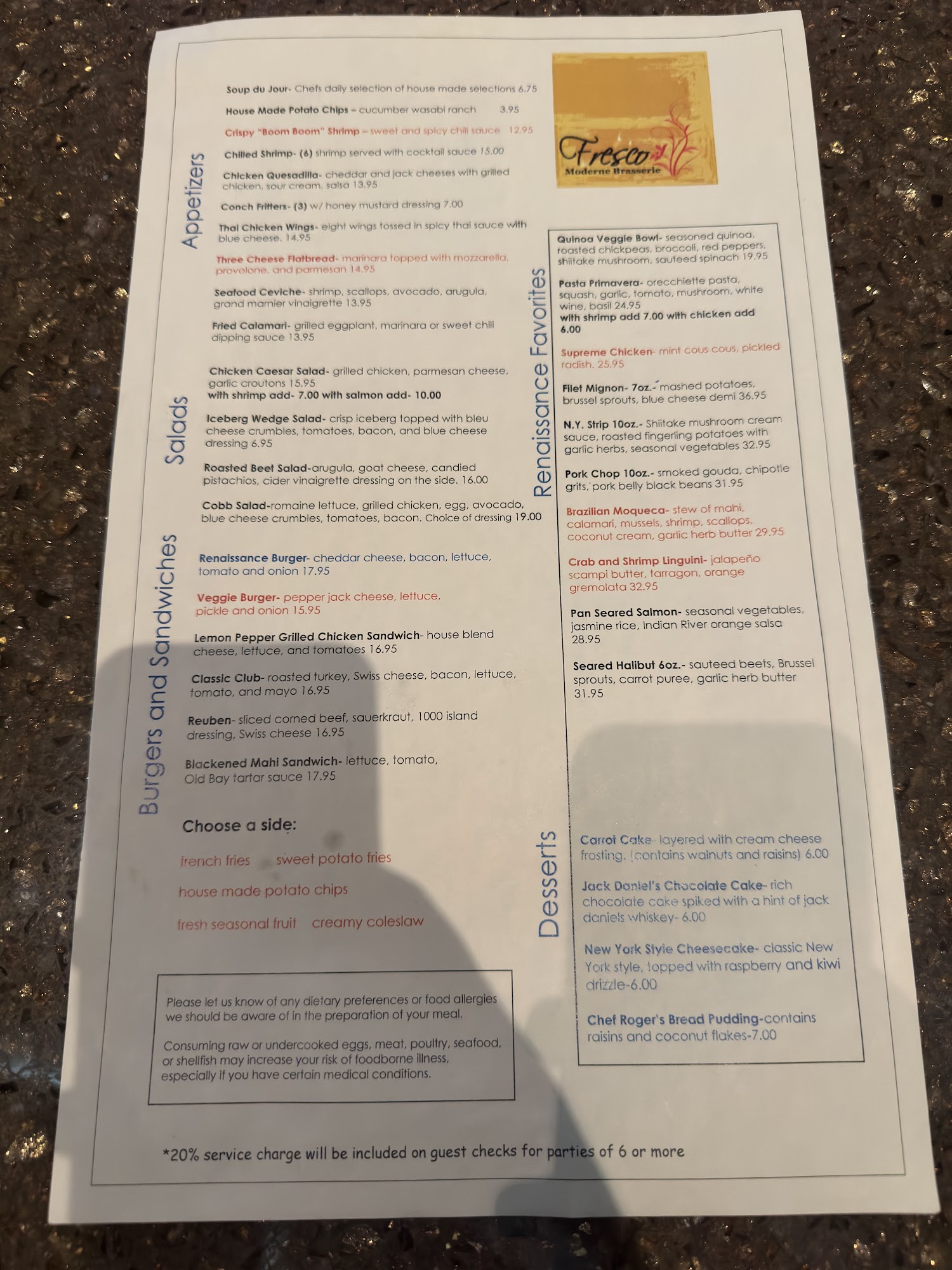 Fresco Modern Brasserie Menu