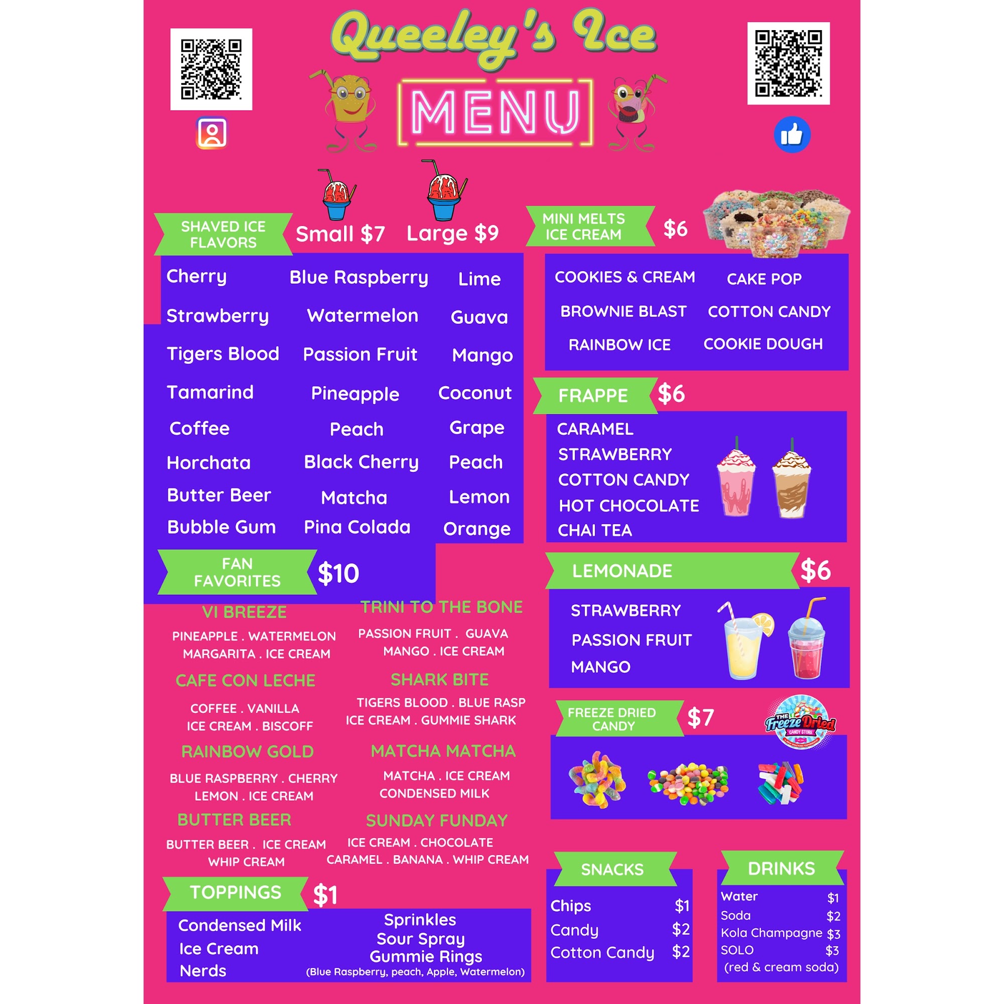 Queeley’s Shaved Ice Menu