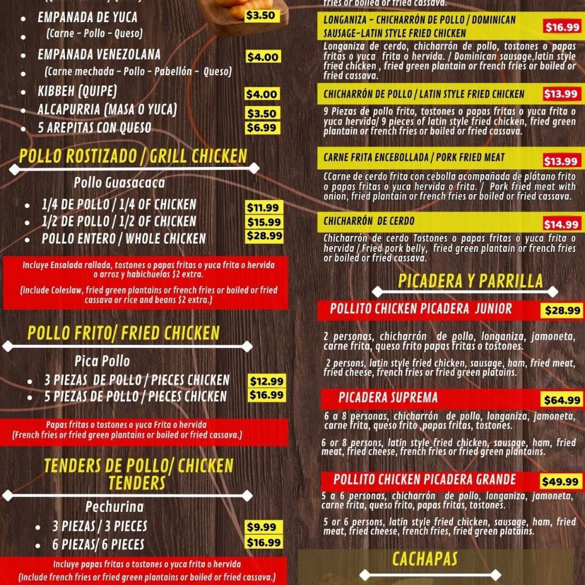 Pollito Chicken Menu