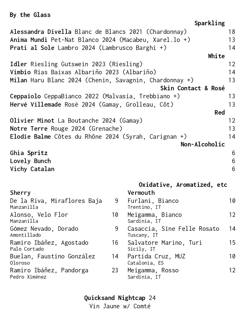 Quicksand Wine Bar Menu