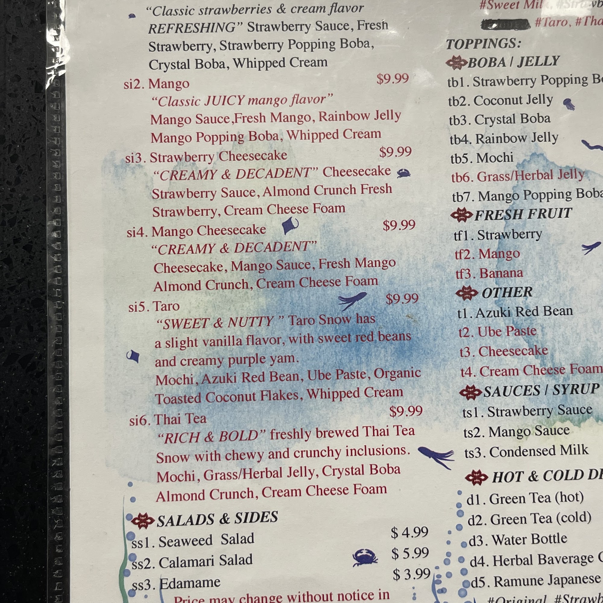 Satori Sushi Snow Ice Menu