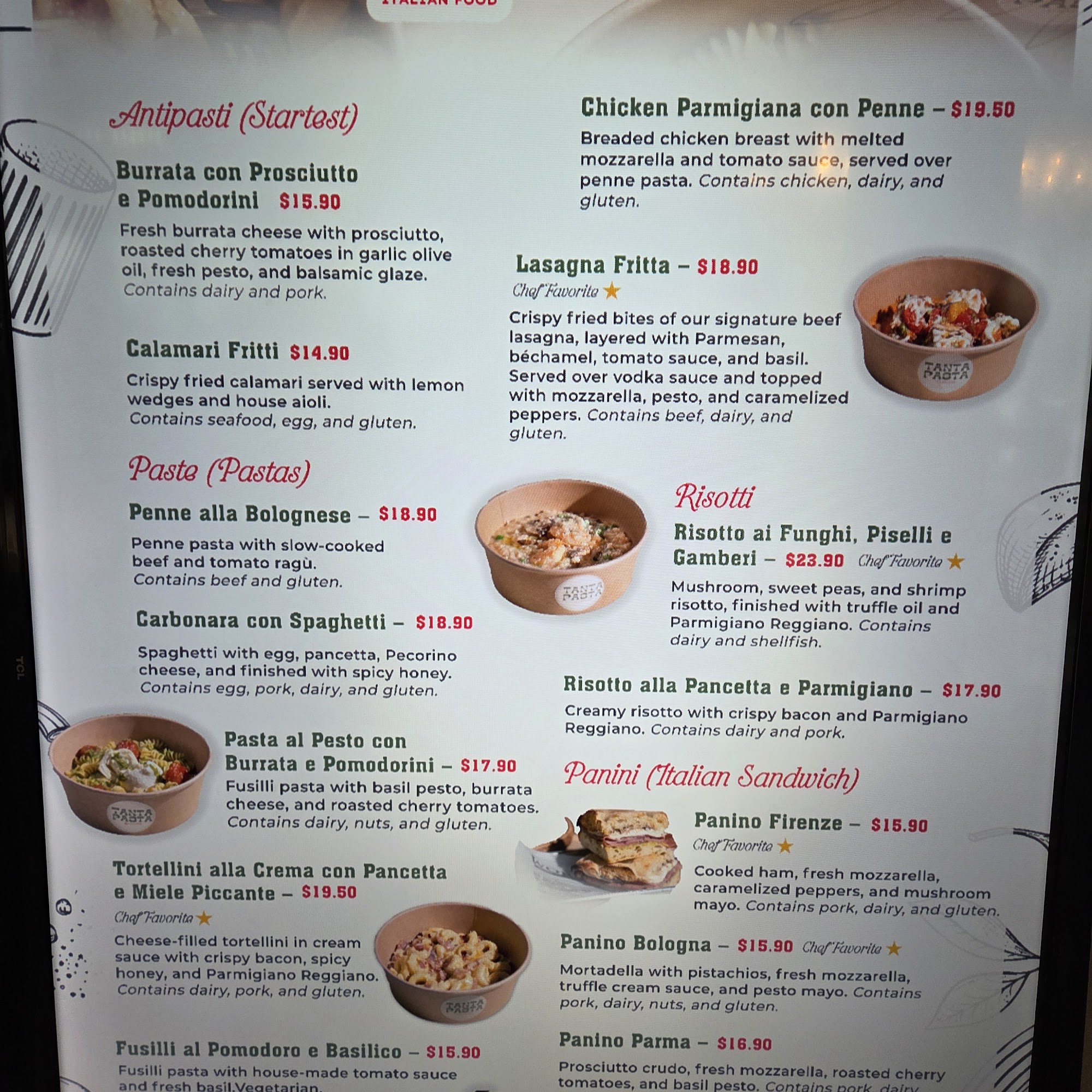 Tanta Pasta Menu