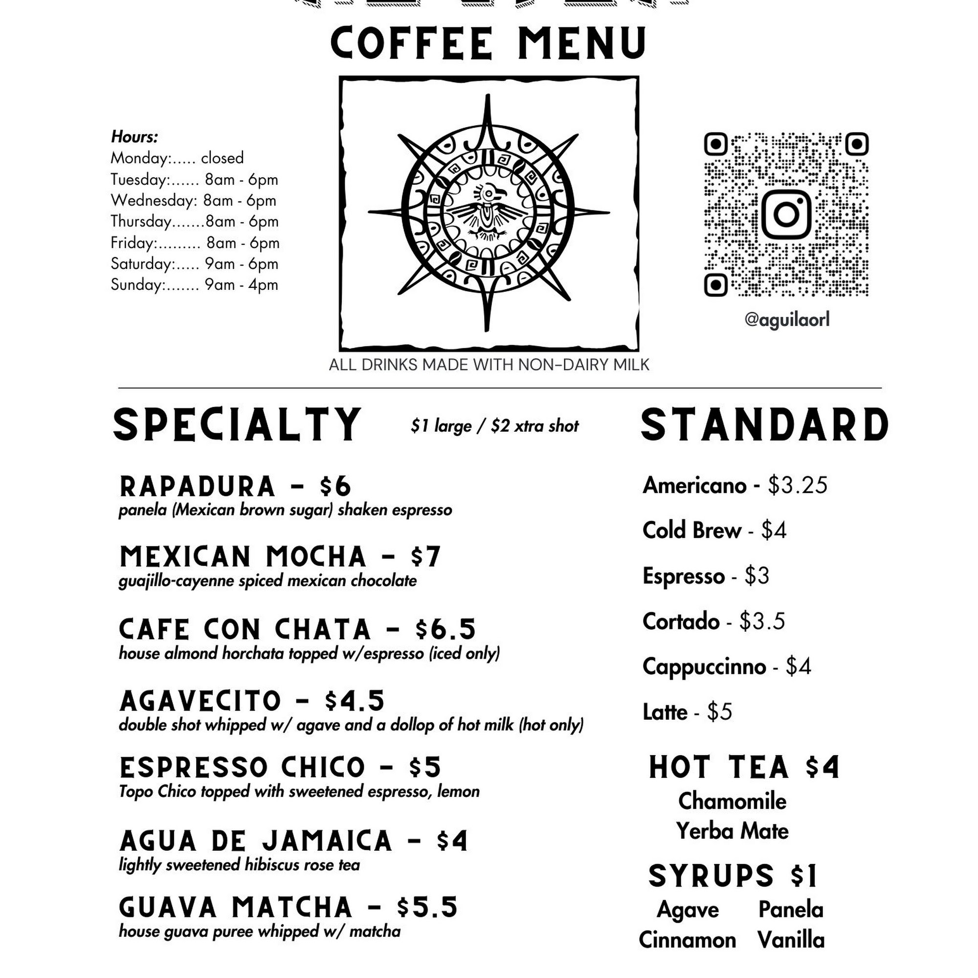 Águila Coffee Menu