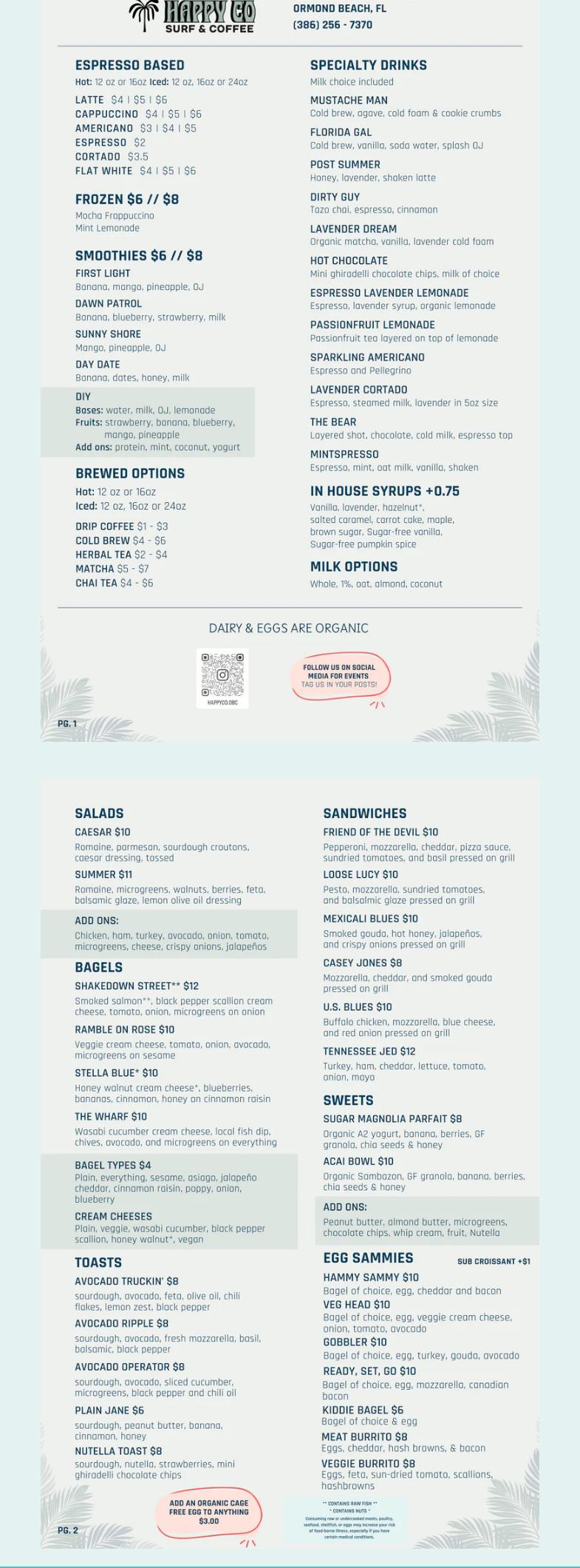 Happy Co Surf & Coffee Menu