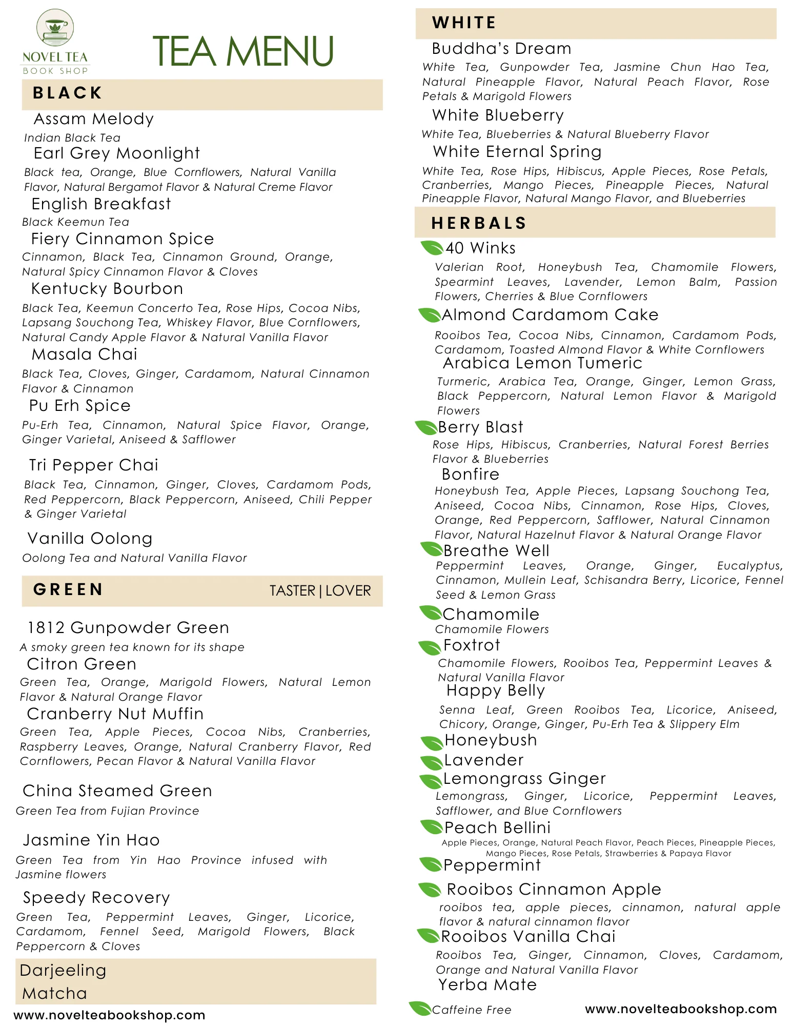 Novel Tea Book Shop Menu