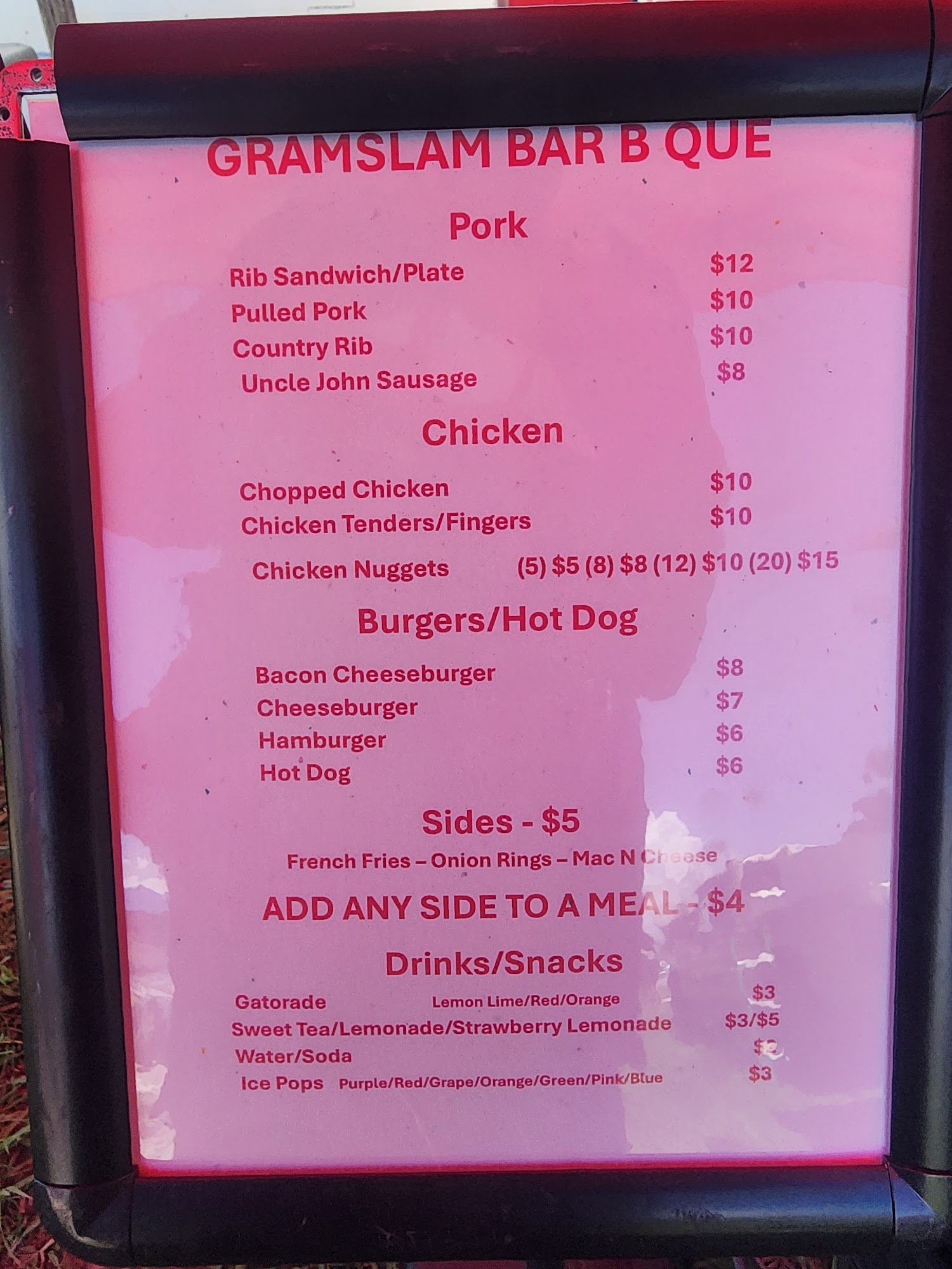 Gram Slam Bar B Que and Southern Style Cooking Menu