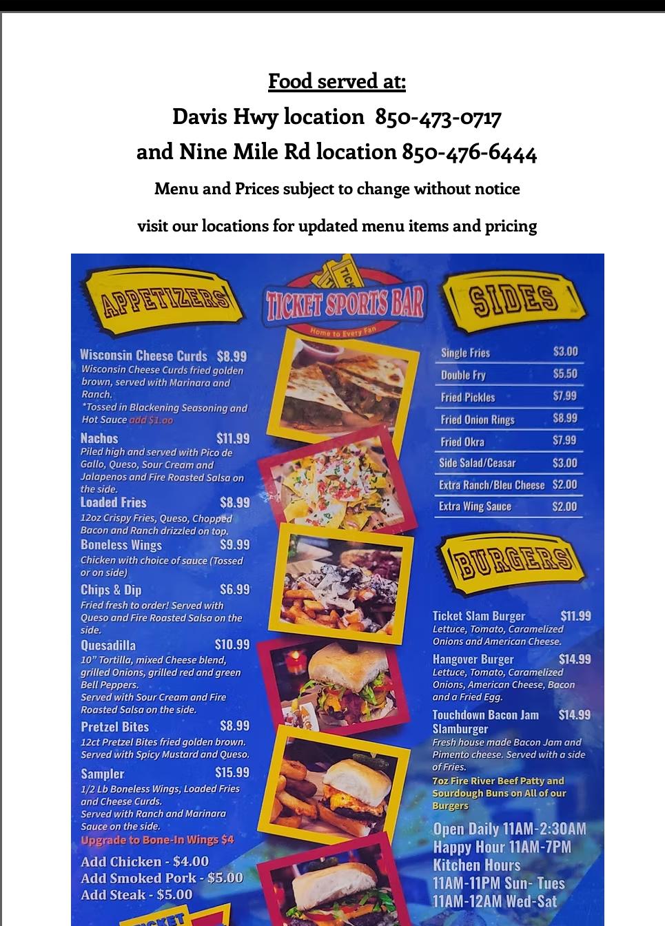 Ticket Sports Bar 3 Menu