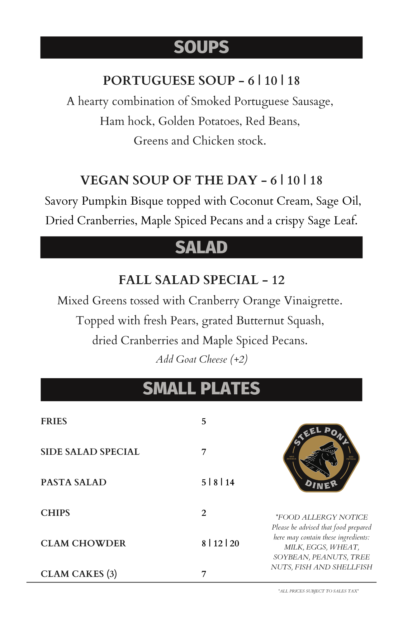 Steel Pony Diner Menu