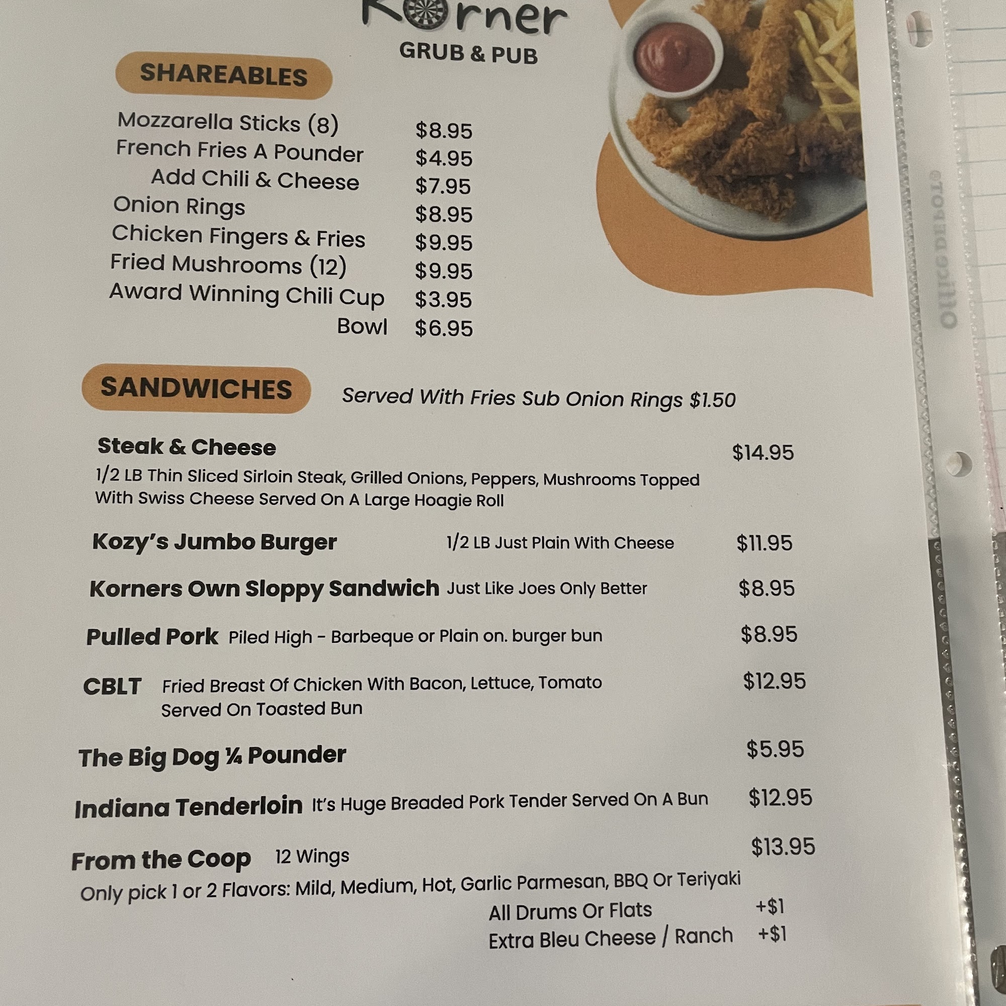 Kozy Korner Menu