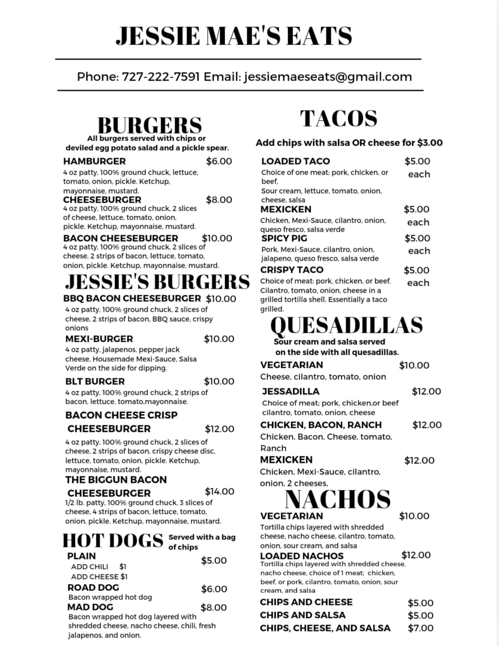 Jessie Mae's Eats Menu