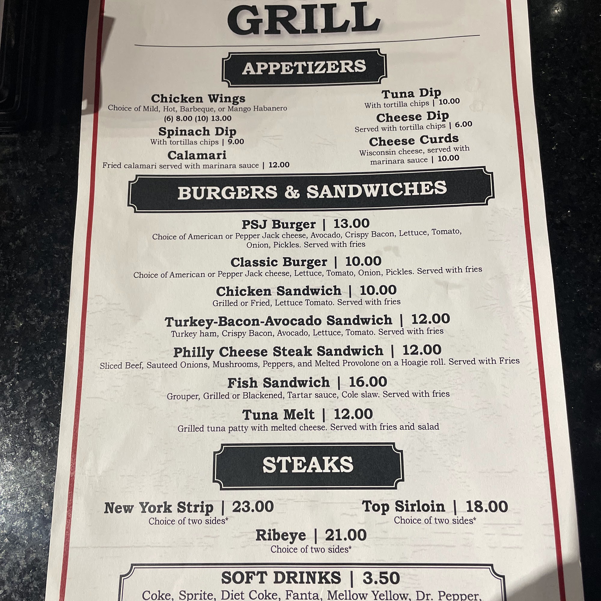 PSJ Bar & Grill Menu