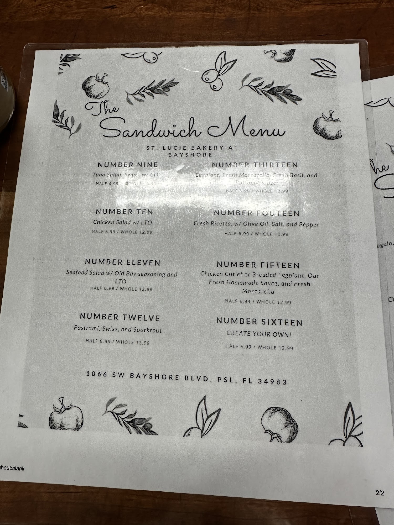 St Lucie Bakery At Bayshore Menu