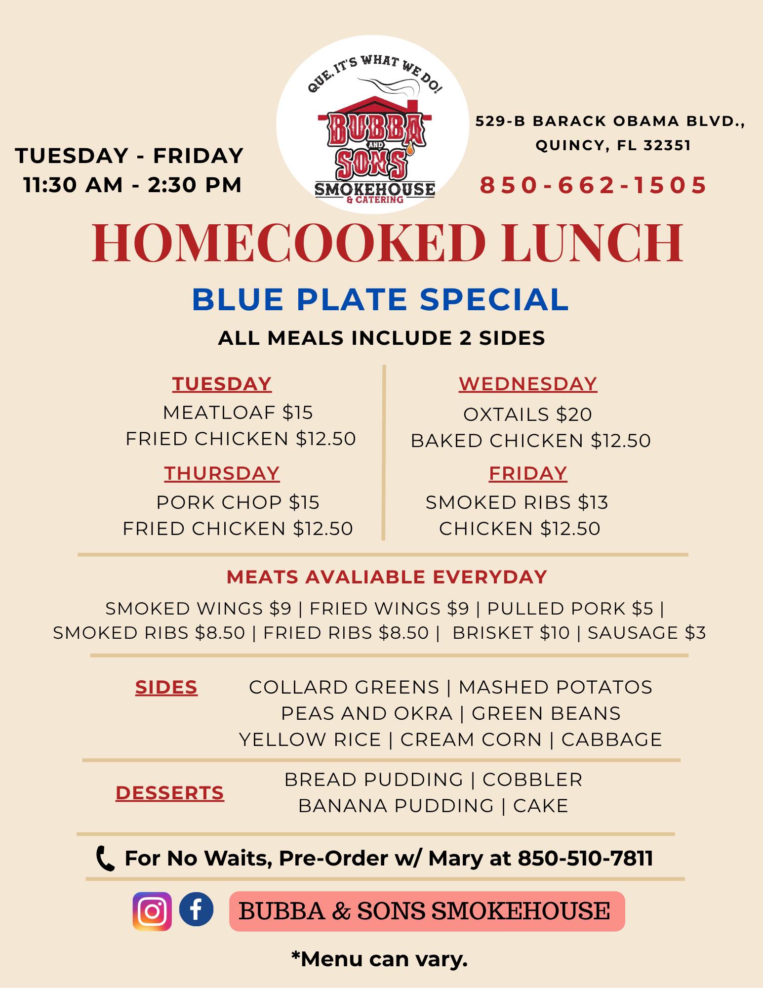 Bubba & Sons' Smokehouse and Catering Menu