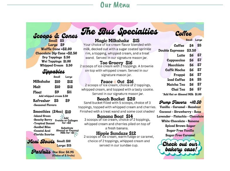 The Magic Bus Ice Cream & Caffeine Menu