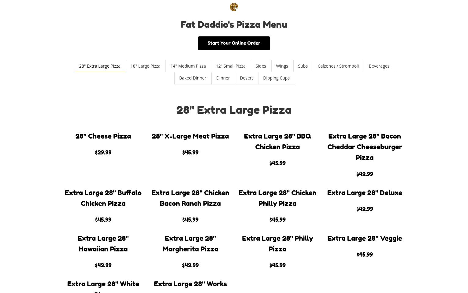Fat Daddio's Pizza (NO 3RD PARTY SALES CALL DIRECT OR VISIT (FATDADDIOSPIZZA.COM) Menu