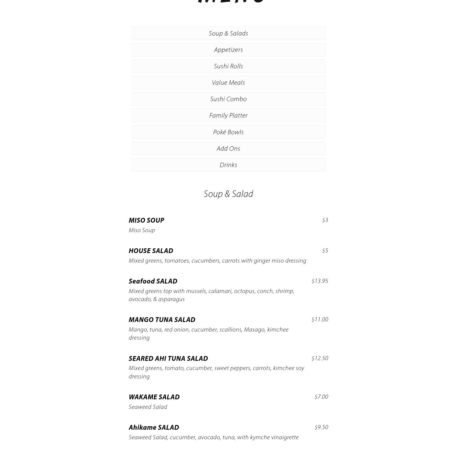 Blue Koi Sushi, take out and delivery Menu