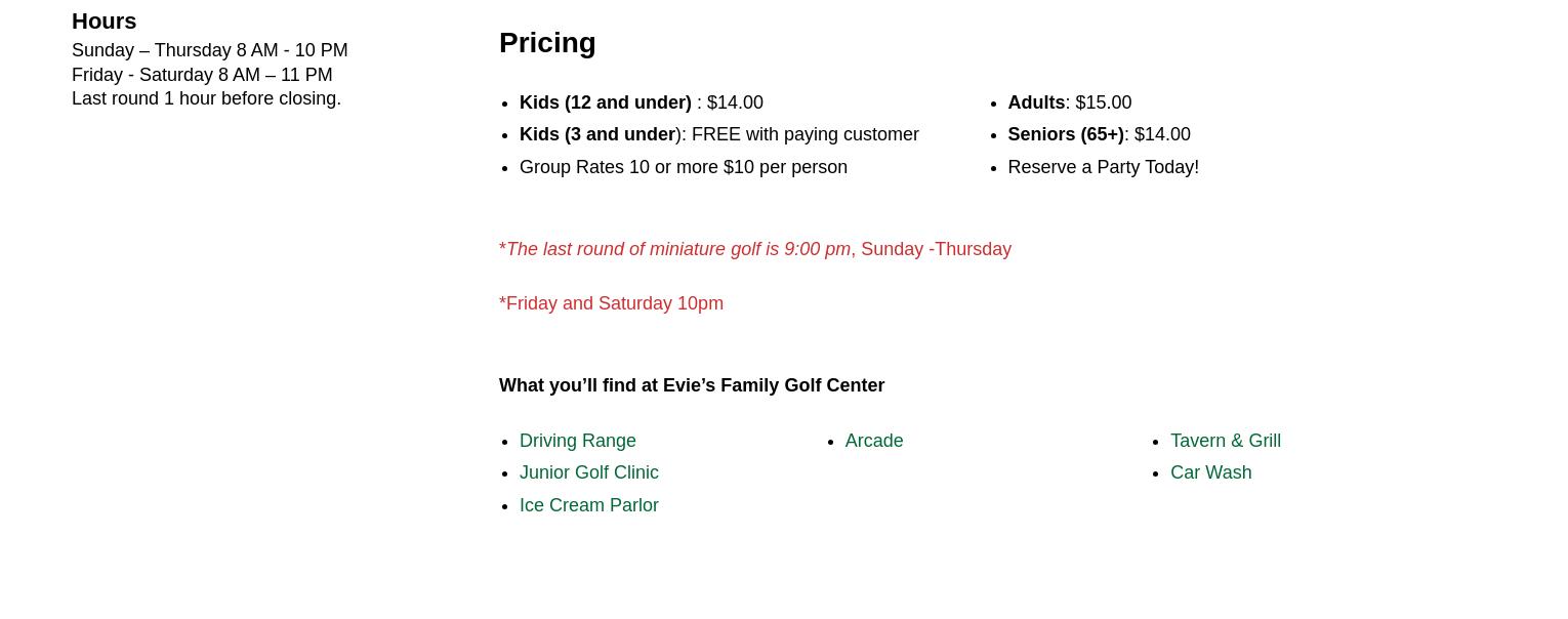 Evie's Family Golf Center Menu