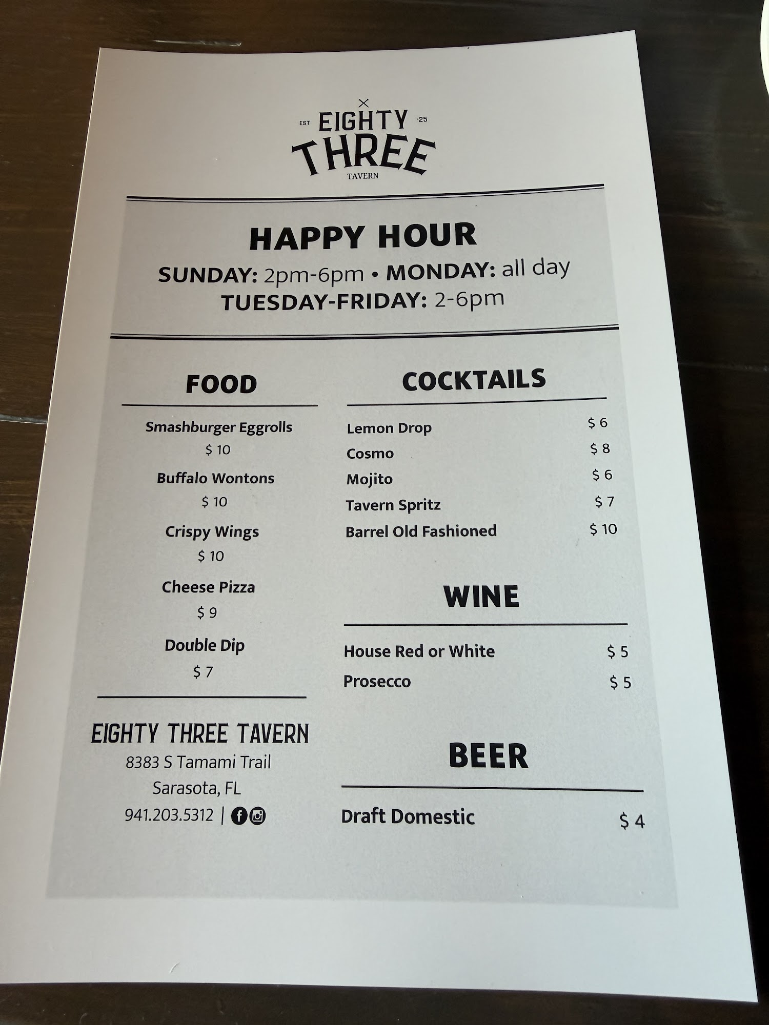 83 Tavern Menu