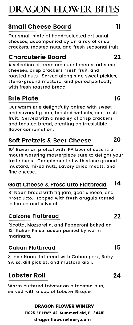 Dragon Flower Winery Menu
