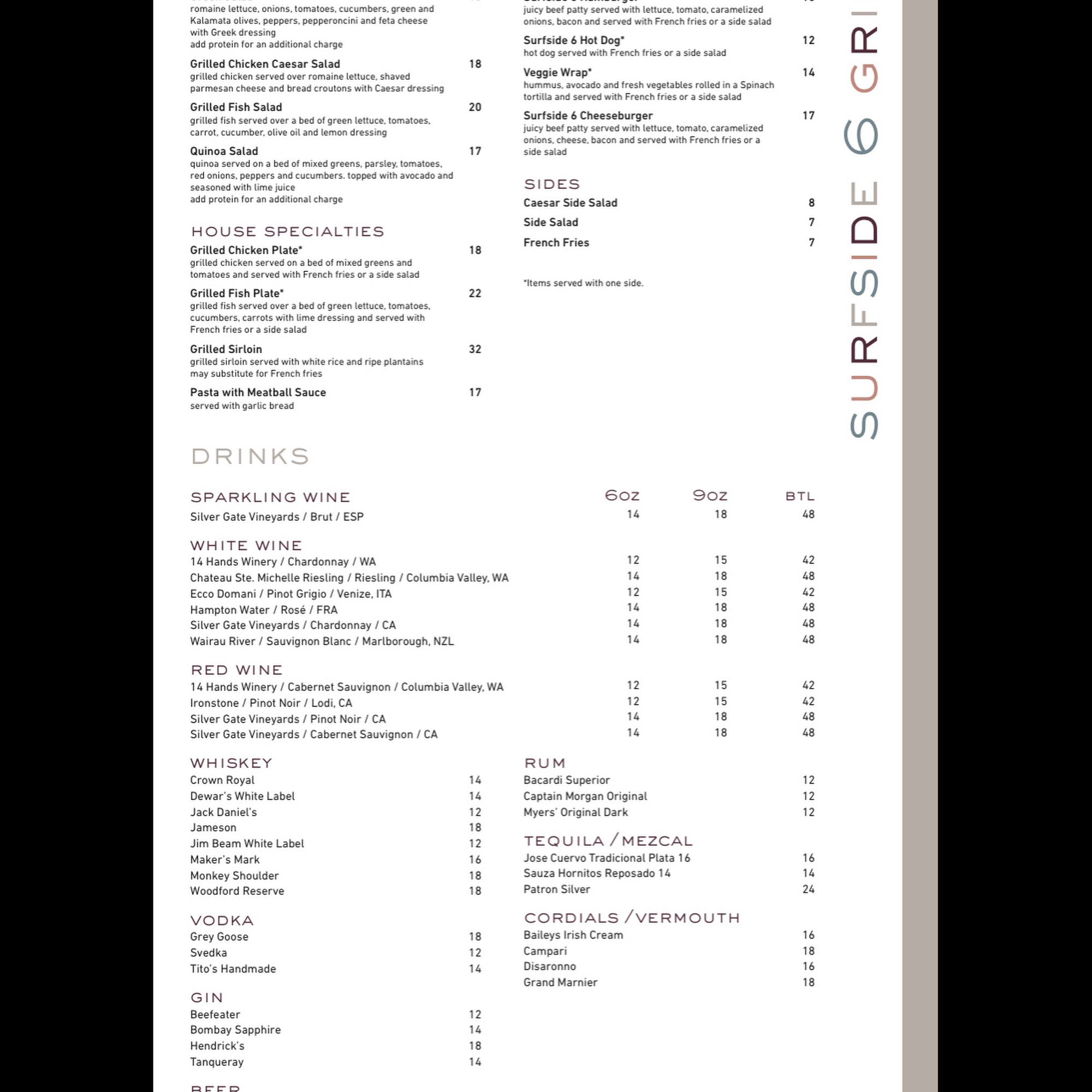 Surfside 6 Grill and Bar Menu