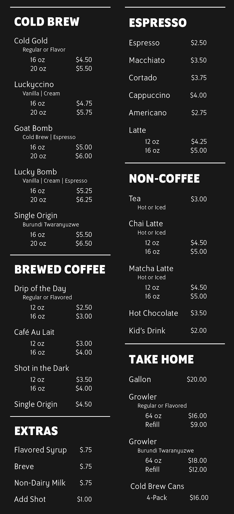 Lucky Goat Coffee Menu