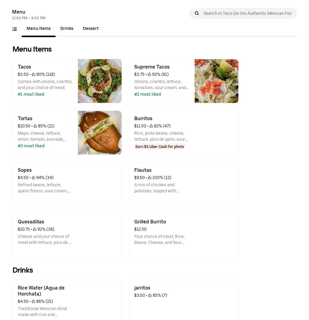 Tacos de oro Menu